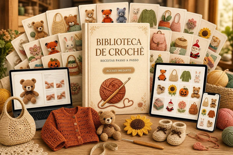 Biblioteca Completa de Crochê aberta no celular, no tablet e no computador