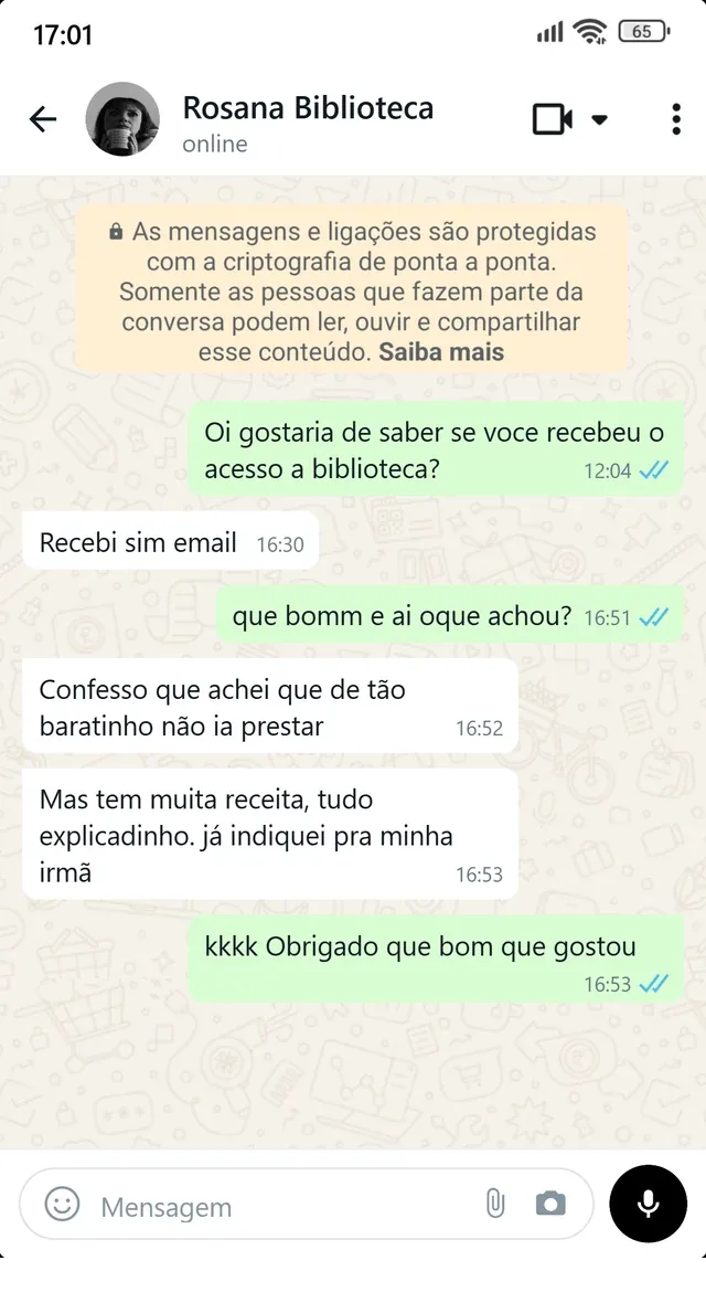 Depoimento de cliente no WhatsApp